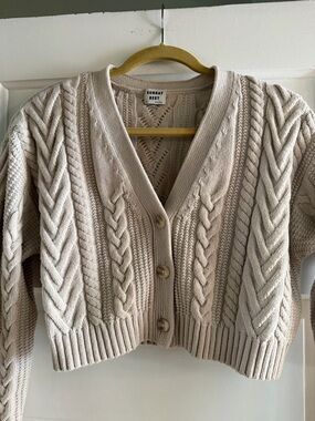 Sunday Best Aritzia Sand Beige Cable Knit Button-Front Cropped Cardigan